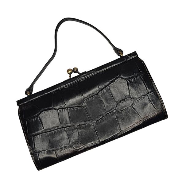 Vintage Nicole Miller Black Leather Mini Bag Crocodile Embossed Kiss Lock Retro - Picture 1 of 6